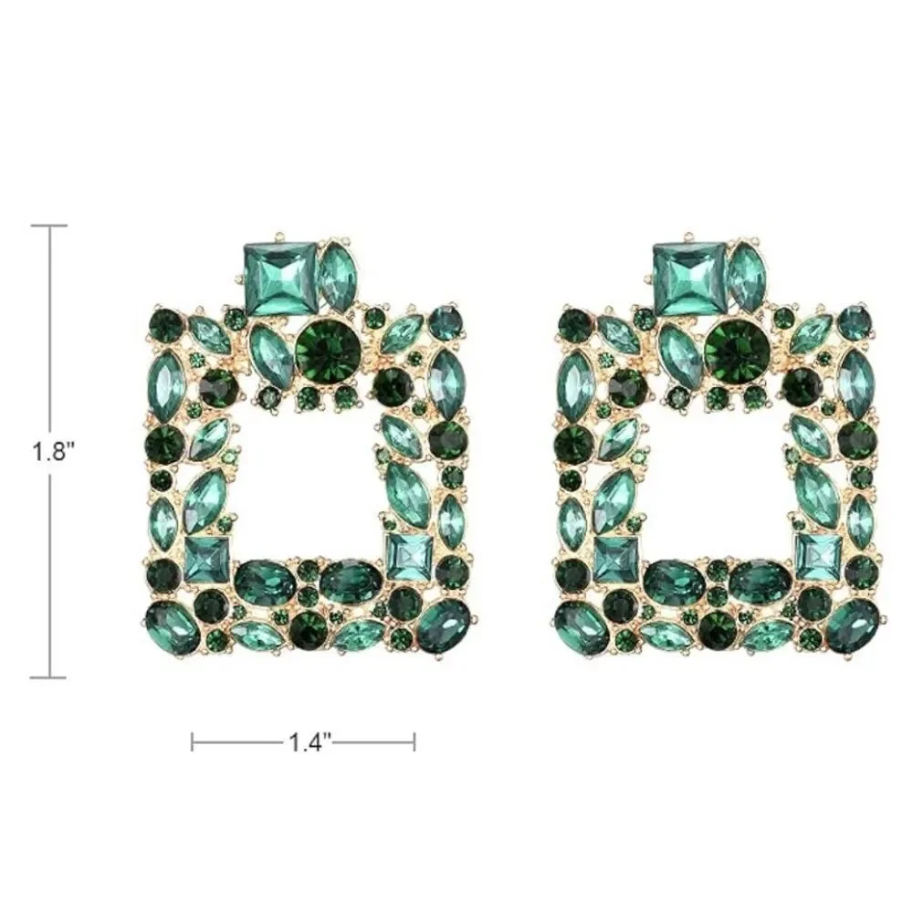 Yellow Gold with Emerald Green Crystal Geometric Square Post Back Drop Earrings
